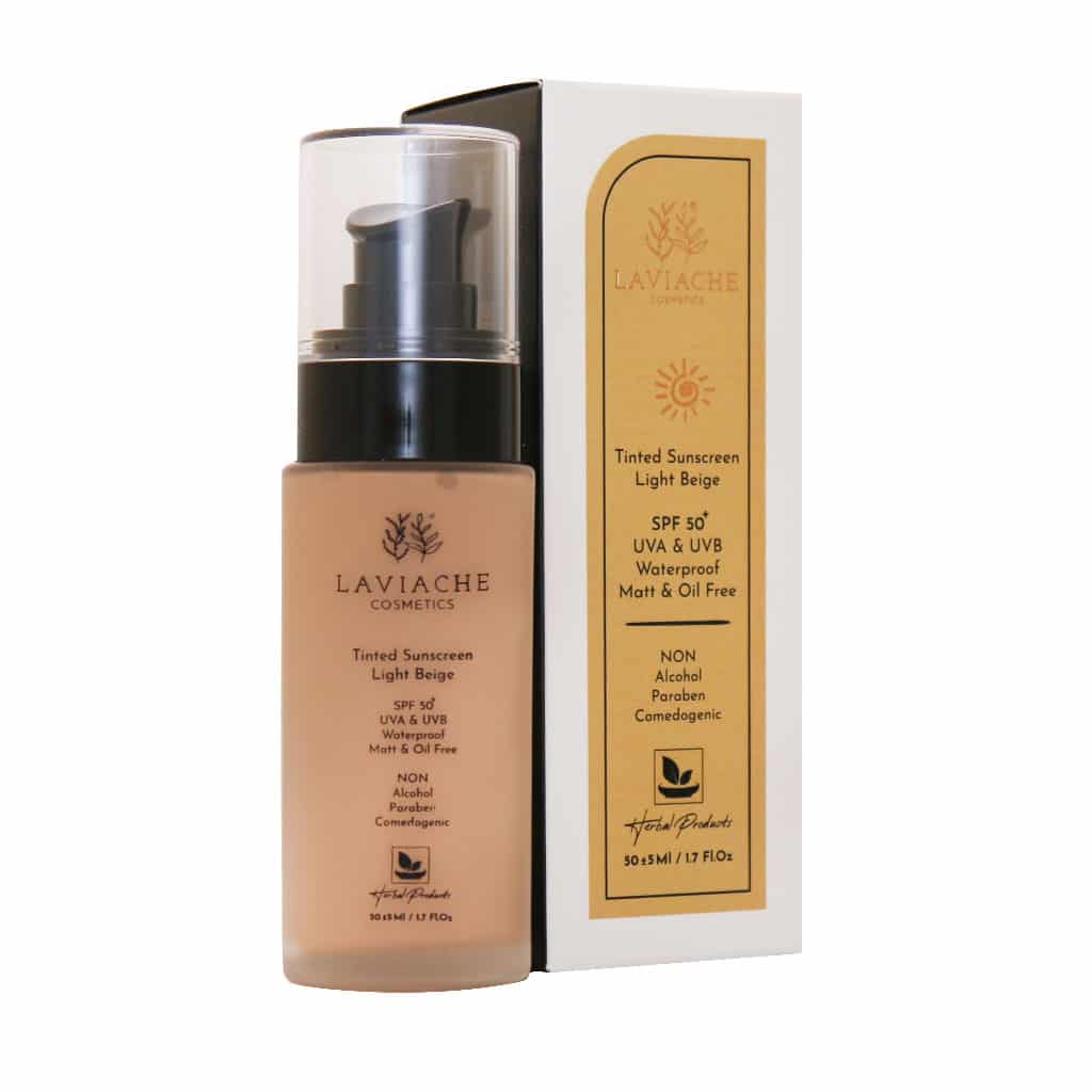 کرم ضد آفتاب رنگی  بژ روشن SPF50 لاویاچه مدل ضد آب مناسب انواع پوست لاویاچه | Laviache Waterproof And Tinted Spf50 Sunscreen