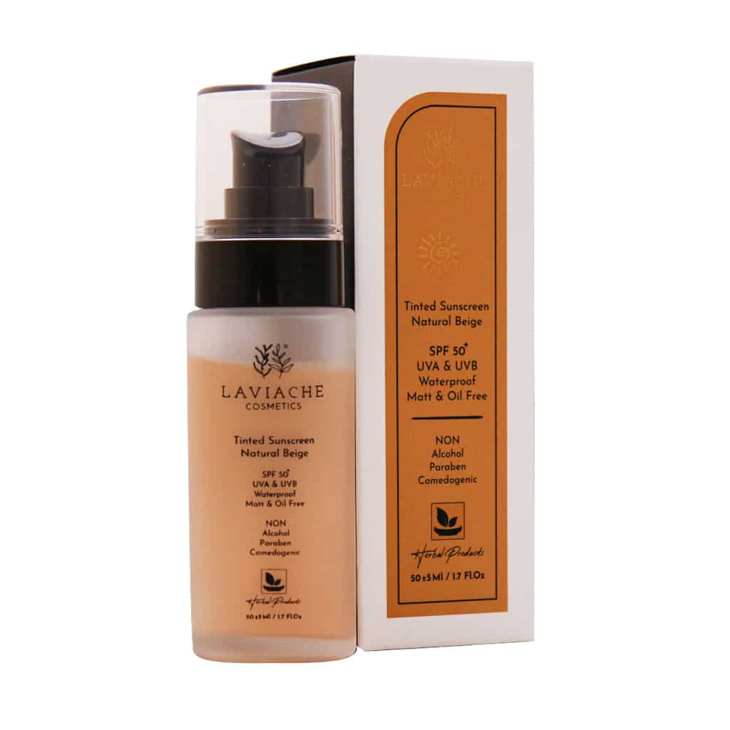 کرم ضد آفتاب رنگی  بژ طبیعی SPF50 لاویاچه مدل ضد آب مناسب انواع پوست لاویاچه | Laviache Waterproof And Tinted Spf50 Sunscreen