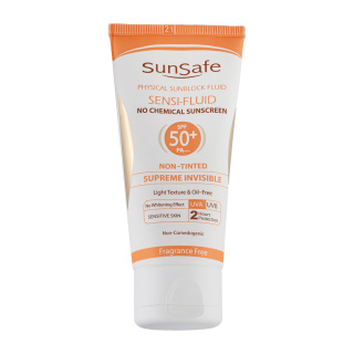 فلوئید ضد آفتاب بی رنگ با SPF50 مناسب پوست حساس سان سیف | sunsafe physical sunblock fluid spf50